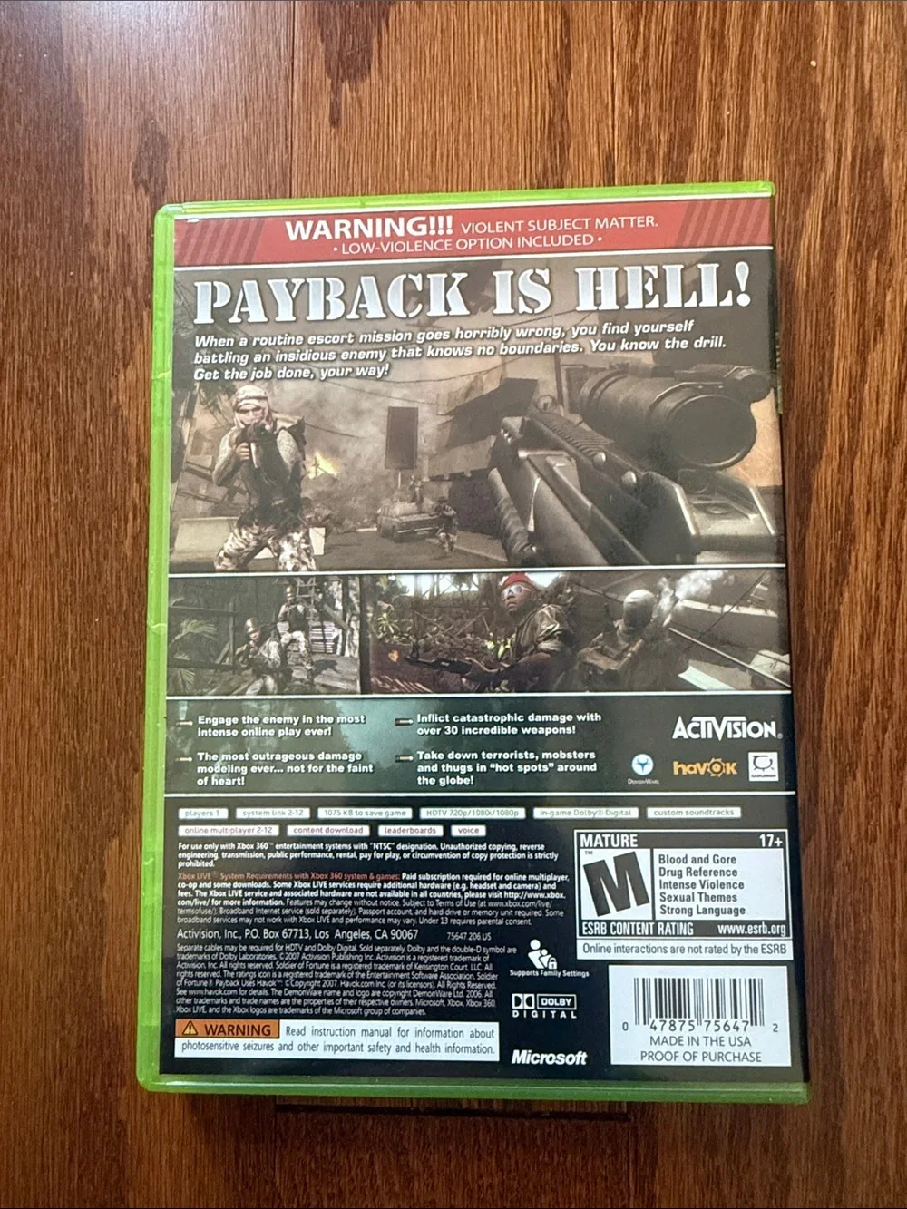 Soldier of Fortune Payback Xbox 360 2007 Activision Shooter Video Game